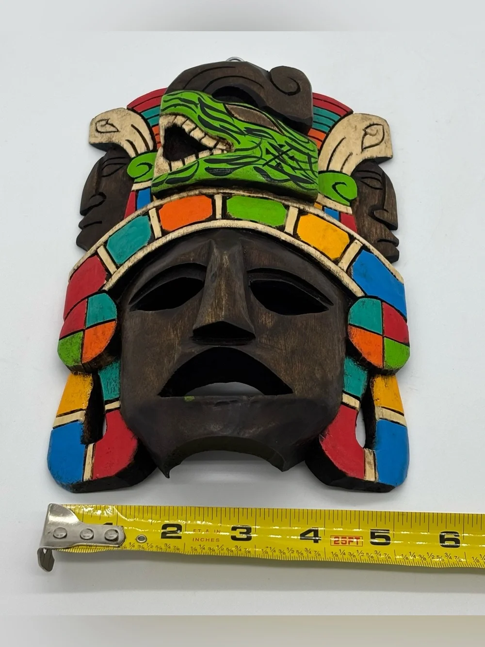 Hand Carved Wooden Mexican Mayan Face Mask Painted 3D Folk Art Wall Hanging Deco